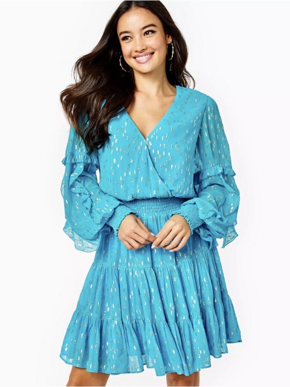 Lilly Pulitzer Heline Ruffle Dress Turquoise Oasis Viscose Metallic Dobby Dress